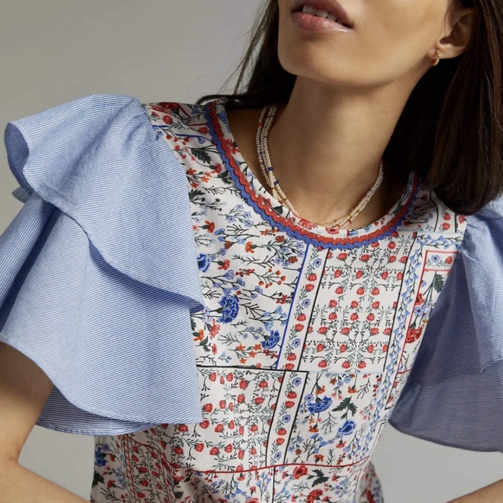 Let Me Be Floral Chambray Ruffle Flutter Sleeve Tee - Anthropologie